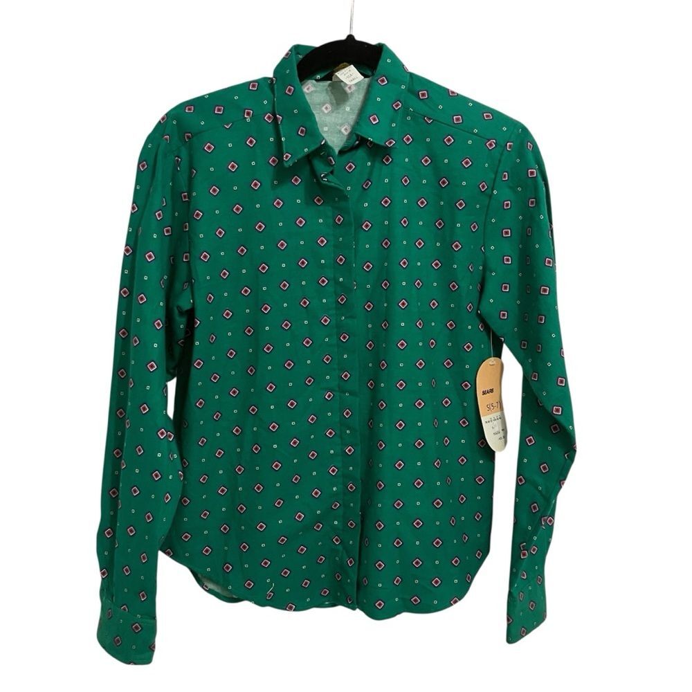 80s Deadstock Vintage Patterned Green Women's Button Down Shirt- Size Small NWT